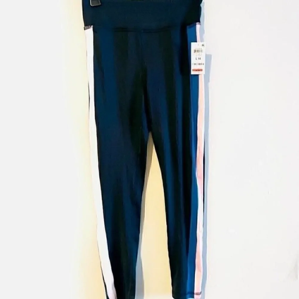 NWT ID Ideology Big Girls Striped Snap Track Pants, leggings Deep Black size 16